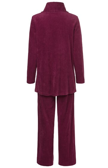 Damenhausanzug, dunkelrot, einfarbig, langärmliges Oberteil mit Stehkragen, gerader Schnitt, lange Hose, gerade geschnitten