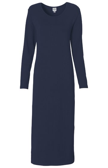Langärmliges, marineblaues Kleid, einfarbig, rundhalsausschnitt, knöchellang, gerade geschnitten