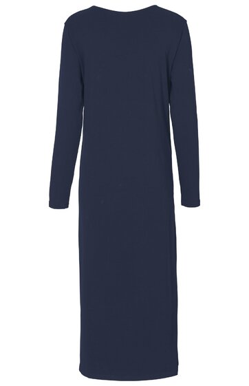 Dunkelblaues, langärmliges Kleid ohne Muster, rundhals, knielang, gerade geschnitten