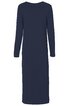 Dunkelblaues, langärmliges Kleid ohne Muster, rundhals, knielang, gerade geschnitten