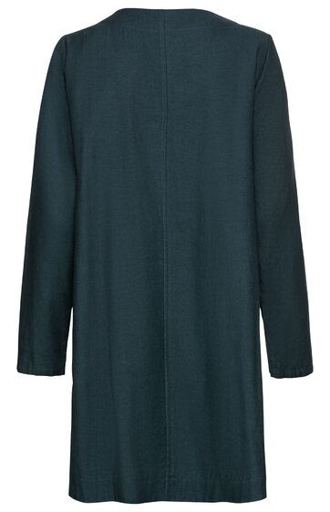 Dunkelgrüner, schlichter Mantel ohne sichtbare Muster, gerade geschnitten, lange Ärmel, mittellang, ohne Kragen, naht hinten in der Mitte