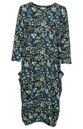 Langärmeliges Kleid in dunklem Blau mit floralem Muster in Hellblau und Grün, Rundhalsausschnitt, knielang, gerader Schnitt, seitliche Raffungen