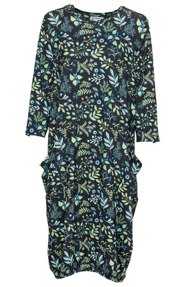 Langärmeliges Kleid in dunklem Blau mit floralem Muster in Hellblau und Grün, Rundhalsausschnitt, knielang, gerader Schnitt, seitliche Raffungen