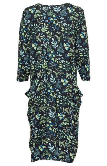 Dunkelblaues Midikleid mit türkisem, hellgrünem und hellblauem Blumenmuster, Rundhals, lange Ärmel, gerade Form, Taille mit seitlichen Rüschendetails