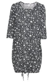Schwarzes Kleid mit weißen, kreisförmigen Mustern, Rundhalsausschnitt, 3/4-Ärmel, gerade Form, Tunnelzug mit Kordel am Saum
