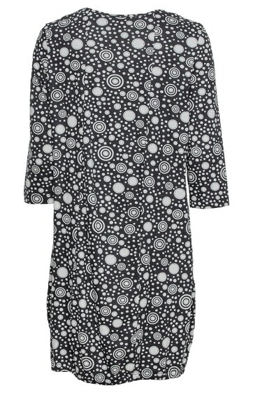 Knielanges Kleid schwarz mit weißem Kreis- und Punktmuster, langer Arm, rundhalsausschnitt, locker geschnitten