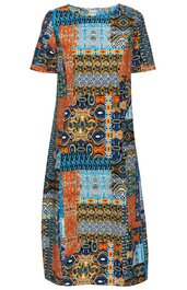 Knielanges Kleid mit Halbarm, Patchwork-Muster in Blau, Orange, Schwarz und Beige, rundem Halsausschnitt, lockere A-Linie, gerade geschnitten
