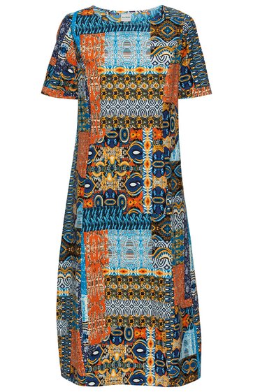 Knielanges Kleid mit Halbarm, Patchwork-Muster in Blau, Orange, Schwarz und Beige, rundem Halsausschnitt, lockere A-Linie, gerade geschnitten