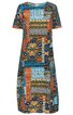 Knielanges Kleid mit Halbarm, Patchwork-Muster in Blau, Orange, Schwarz und Beige, rundem Halsausschnitt, lockere A-Linie, gerade geschnitten