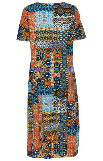 Kleid mit kurzem Ärmel, knielang, gemustert mit quadratischen und rechteckigen Feldern in Orange, Blau, Schwarz und Braun, Rundhalsausschnitt, gerade geschnitten