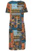 Kleid mit kurzem Ärmel, knielang, gemustert mit quadratischen und rechteckigen Feldern in Orange, Blau, Schwarz und Braun, Rundhalsausschnitt, gerade geschnitten