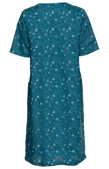 Türkisfarbenes Kleid mit kurzärmeligem Schnitt, rundem Ausschnitt, blauer und weißer Kreis- und Punktmusterung, knielang, gerade geschnitten