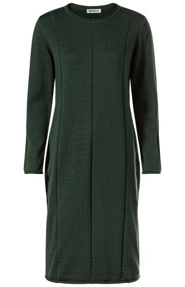 Dunkelgrünes, langärmliges Midikleid, rundhalsausschnitt, gerade geschnitten, mit vertikalen Nähten auf Vorderseite, knielang