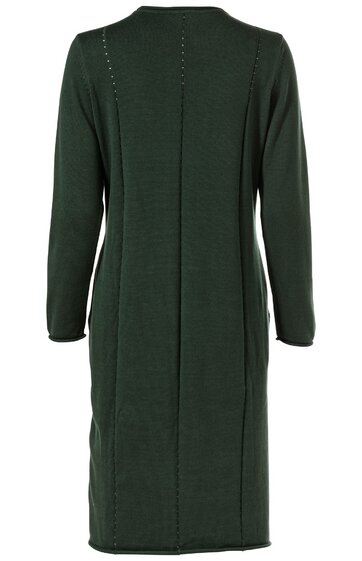 Dunkelgrüner Mantel, unifarben, lange Ärmel, knielang, gerader Schnitt, rückseitige Ziernähte, Stehkragen