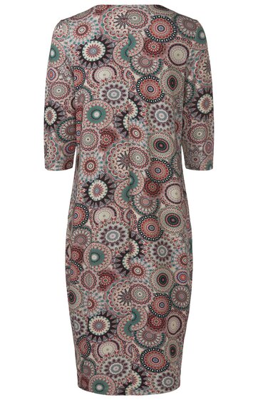 Knielanges Kleid mit 3/4-Ärmeln, gemustert mit bunten, kreisförmigen und floral inspirierten Ornamenten in Rot, Grün, Beige und Schwarz, rundem Ausschnitt, gerade geschnitten