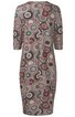 Knielanges Kleid mit 3/4-Ärmeln, gemustert mit bunten, kreisförmigen und floral inspirierten Ornamenten in Rot, Grün, Beige und Schwarz, rundem Ausschnitt, gerade geschnitten