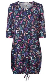 Locker geschnittenes Kleid in Marineblau mit buntem abstraktem Muster in Pink, Hellblau, Weiß und Lila, V-Ausschnitt, 3/4-Ärmel, Tunnelzug am Saum mit Kordel