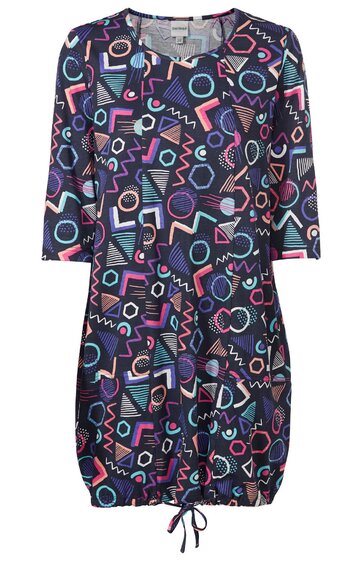 Locker geschnittenes Kleid in Marineblau mit buntem abstraktem Muster in Pink, Hellblau, Weiß und Lila, V-Ausschnitt, 3/4-Ärmel, Tunnelzug am Saum mit Kordel
