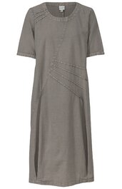 Graues Midikleid mit kurzen Ärmeln, Rundhalsausschnitt, diagonalen Ziernähten auf Brust und Taille, gerade geschnitten
