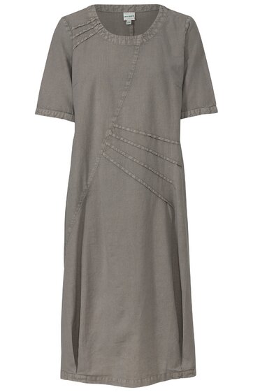 Graues Midikleid mit kurzen Ärmeln, Rundhalsausschnitt, diagonalen Ziernähten auf Brust und Taille, gerade geschnitten