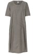 Graues Midikleid mit kurzen Ärmeln, Rundhalsausschnitt, diagonalen Ziernähten auf Brust und Taille, gerade geschnitten