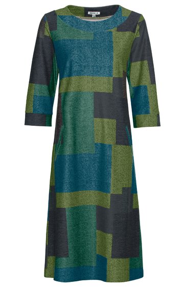 Knielanges Kleid mit drei Viertel Ärmeln, rechteckiges geometrisches Muster in Blau, Grün, Schwarz, runder Ausschnitt, gerade geschnitten
