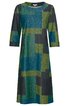 Knielanges Kleid mit drei Viertel Ärmeln, rechteckiges geometrisches Muster in Blau, Grün, Schwarz, runder Ausschnitt, gerade geschnitten