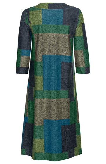 Kleid in Blau- und Grüntönen mit geometrischem Muster, dreiviertellange Ärmel, gerade geschnittener Rücken, knielang