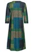 Kleid in Blau- und Grüntönen mit geometrischem Muster, dreiviertellange Ärmel, gerade geschnittener Rücken, knielang