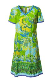 Kleid für Damen, grün mit blauem und gelbem floral-ornamentalen Muster, V-Ausschnitt mit blauem Rand, kurze Ärmel mit blauem Saum, knielang, ausgestellte Form