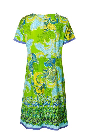 Grünes kurzärmliges Kleid mit blau-gelben Blumenmustern und ornamentalem Bordürendruck am Saum, rundem Ausschnitt, knielang, gerade geschnitten