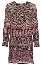 Langärmliges Kleid in dunklem Weinrot mit floralen und geometrischen Mustern in Creme und Schwarz, V-Ausschnitt mit Knopfverschluss, gerade geschnitten, knieumspielend