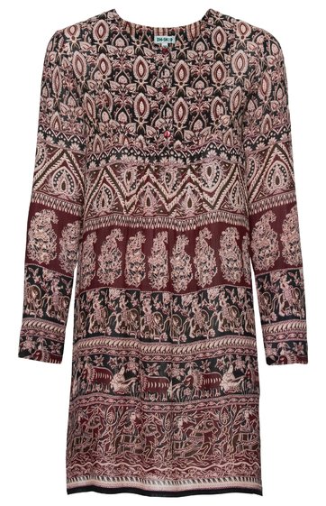 Langärmliges Kleid in dunklem Weinrot mit floralen und geometrischen Mustern in Creme und Schwarz, V-Ausschnitt mit Knopfverschluss, gerade geschnitten, knieumspielend