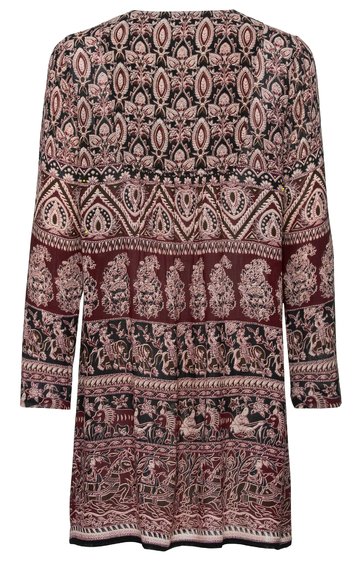 Langärmeliges Kleid in Bordeauxrot mit mehrfarbigem, floral-ornamentalem Muster, Rundhalsausschnitt, gerade geschnitten, knielang