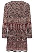 Langärmeliges Kleid in Bordeauxrot mit mehrfarbigem, floral-ornamentalem Muster, Rundhalsausschnitt, gerade geschnitten, knielang