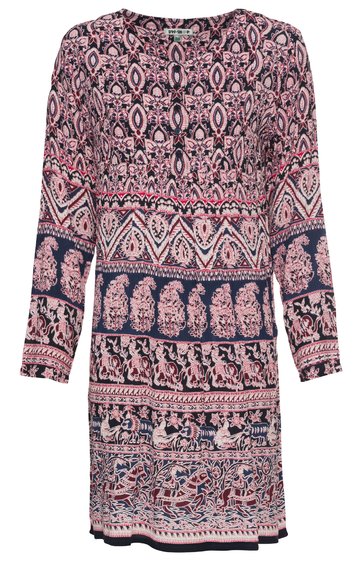 Langes Kleid in Rosa und Dunkelblau mit Paisley- und Ethno-Mustern, Rundhalsausschnitt, lange Ärmel, gerade geschnitten, knielang