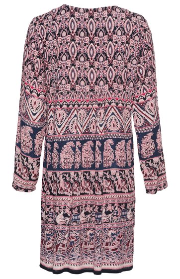 Langärmliges Kleid in Rosatönen und Dunkelblau, Ornamentmuster, rundhals, gerade geschnitten, knielang, Rückansicht