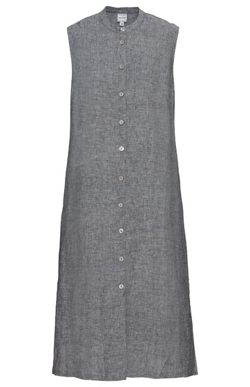 Ärmelloses, knielanges Kleid in Hellgrau mit feiner Struktur, durchgehende Knopfleiste vorne, Stehkragen, gerade geschnitten