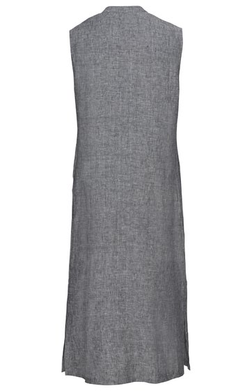 Graues ärmelloses Kleid ohne Muster, knielang, gerade Form, Rundhalsausschnitt, zwei seitliche Schlitze unten
