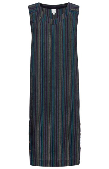 Ärmelloses Midikleid in Dunkelblau mit bunten vertikalen Streifen, rundem Halsausschnitt, gerade geschnitten, längs verlaufende schmale Streifen in Rot, Grün, Blau und Gelb