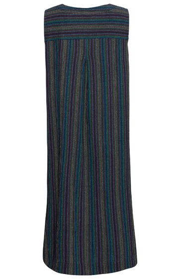 Bodenlanger Rock in dunklem Blau mit mehrfarbigem Streifenmuster, hoher Bund, gerade geschnitten, glatte Oberfläche