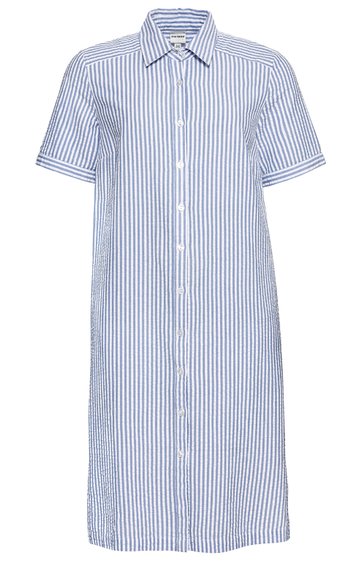Hemdblusenkleid, hellblau mit weißen senkrechten Streifen, kurzer Ärmel, durchgehende Knopfleiste, klassischer Kragen, knielang, gerade geschnitten