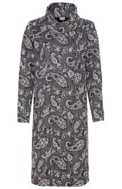 Langärmliges Kleid in Schwarz mit weißem Paisley-Muster, Stehkragen, gerade geschnitten, knielang