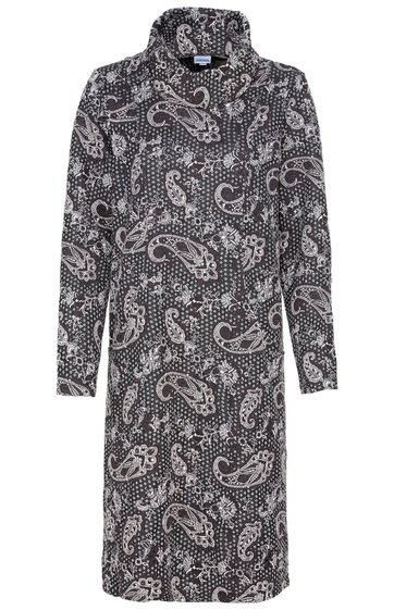 Langärmliges Kleid in Schwarz mit weißem Paisley-Muster, Stehkragen, gerade geschnitten, knielang