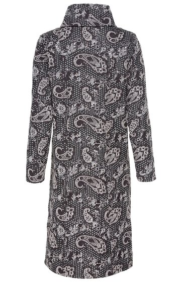 Langer Mantel in Dunkelgrau mit weißen Paisley- und Punktenmustern, Stehkragen, gerade geschnitten, lange Ärmel, Knopfleiste nicht sichtbar