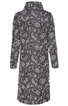 Langer Mantel in Dunkelgrau mit weißen Paisley- und Punktenmustern, Stehkragen, gerade geschnitten, lange Ärmel, Knopfleiste nicht sichtbar