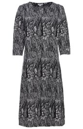 Midikleid in Schwarz mit grauem abstraktem Muster, Rundhalsausschnitt, 3/4-Ärmel, leicht taillierte Form, glatter Stoff