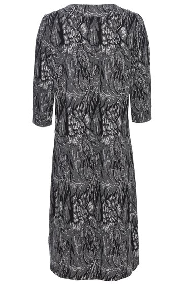 Midikleid in Schwarz und Grau mit abstraktem Muster, Rundhalsausschnitt, lange Ärmel, gerade geschnitten, ohne sichtbare Verschlüsse