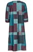 Knielanges Kleid mit 3/4-Ärmeln, rechteckiges Quadratmuster in Türkis, Dunkellila, Grau und Schwarz, gerade geschnitten, Rundhalsausschnitt, keine sichtbaren Verschlüsse