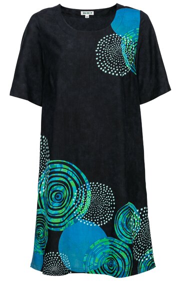 Schwarzes Kleid mit kurzen Ärmeln, Rundhalsausschnitt, lockere Form, Muster aus großen blauen und grünen Kreisen sowie kleinen weißen Punkten auf Vorderseite und Saum